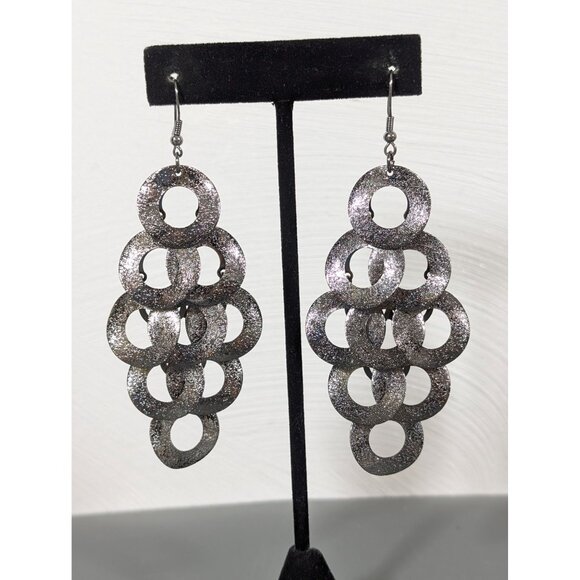 Gunmetal Gray Textured Round Disc Charm Chandelier Long Earrings Pierced MOD - Picture 2 of 8